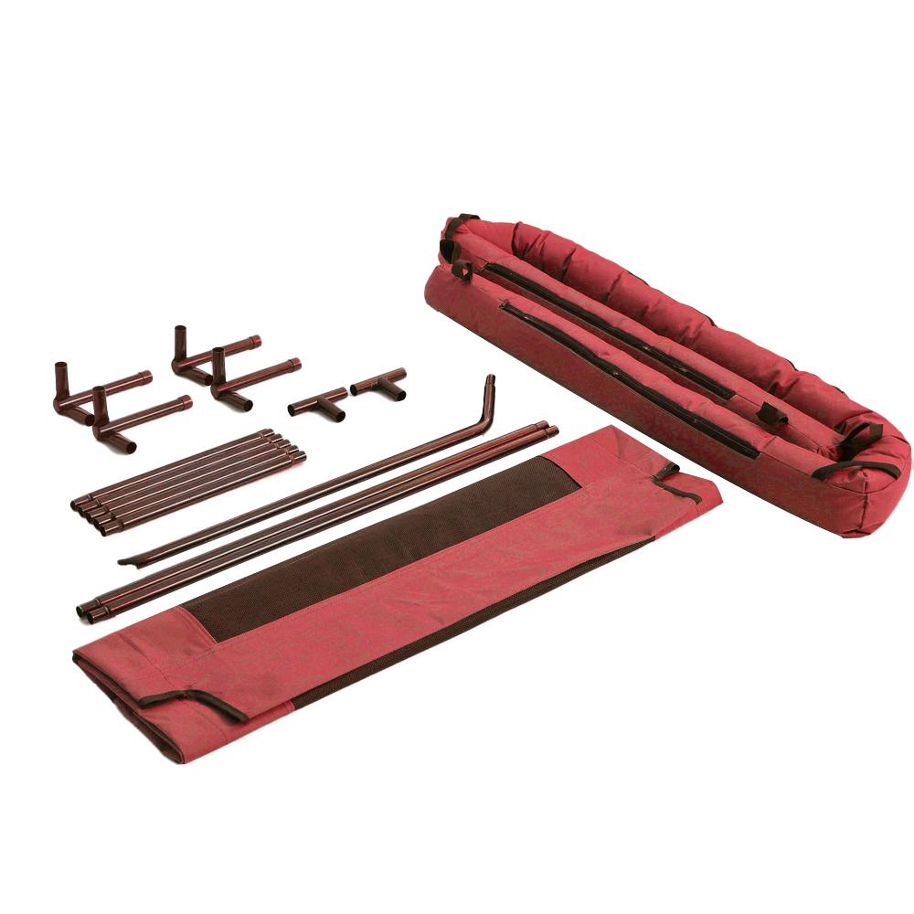 PaWz Pet Bed featuring a heavy-duty steel frame and weatherproof red cover, designed for comfort and safety for dogs and puppies.