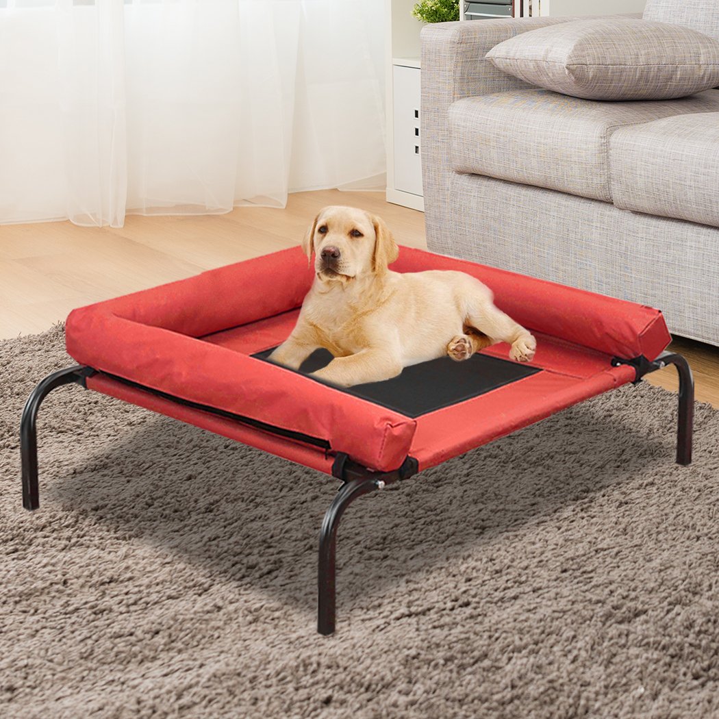 PaWz Pet Bed featuring a heavy-duty steel frame and weatherproof red cover, designed for comfort and safety for dogs and puppies.