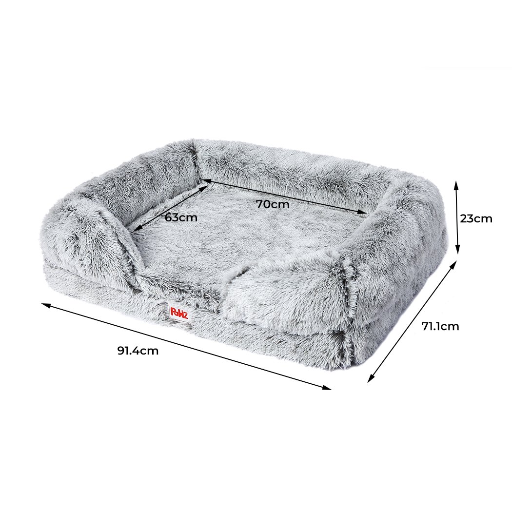 PaWz Orthopedic Sofa Dog Bed in grey, featuring plush material and supportive bolster for pet comfort.