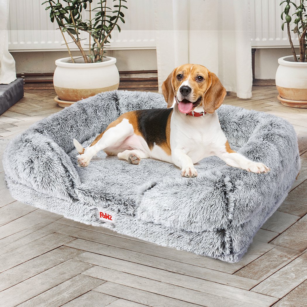 PaWz Orthopedic Sofa Dog Bed in grey, featuring plush material and supportive bolster for pet comfort.