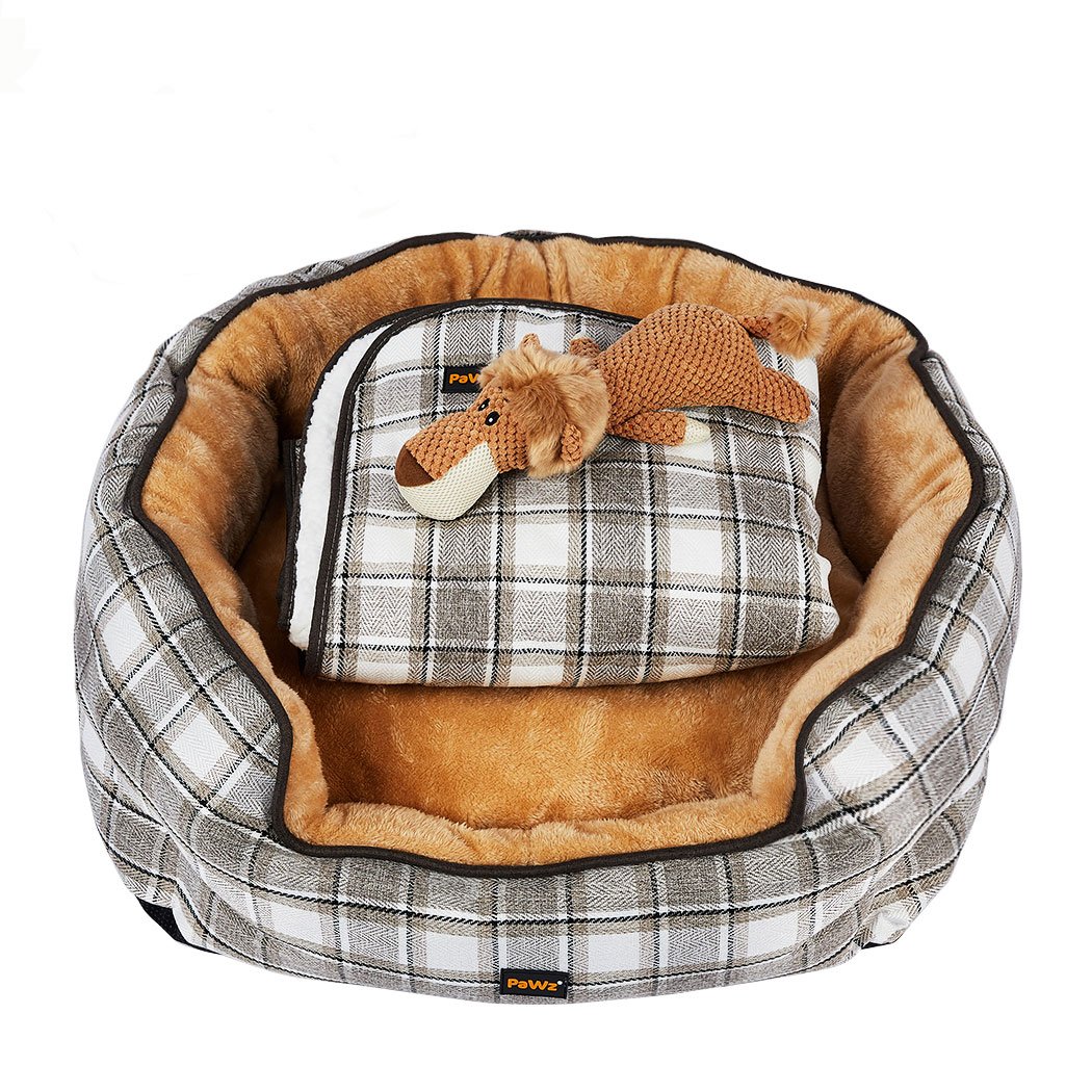 PaWz Pet Bed Set featuring a quilted blanket, soft plush bed, and a squeaky toy, all in a checkered design, perfect for dogs and cats.