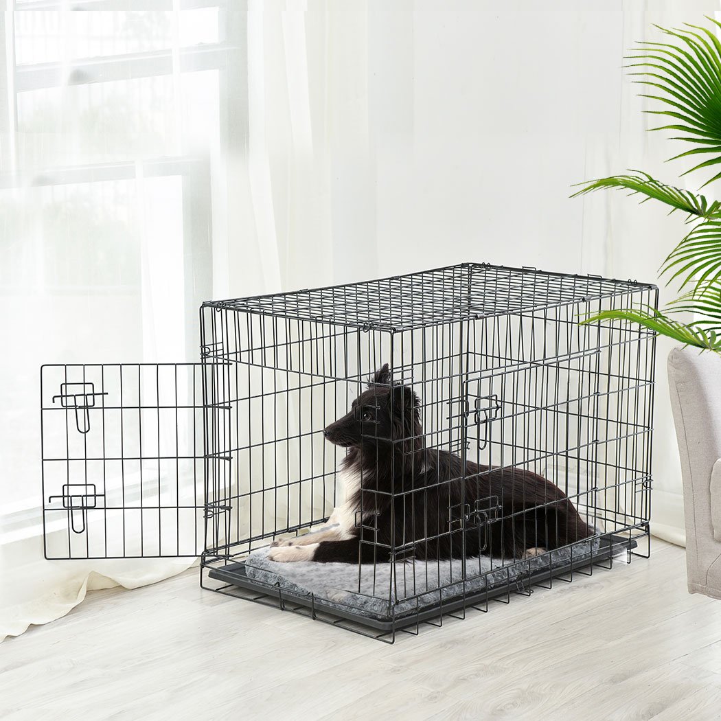 PaWz Pet Dog Cage Crate Kennel in black, featuring a foldable design, double doors, and a removable divider for pet comfort and safety.