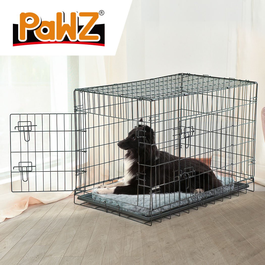 PaWz Pet Dog Cage Crate Kennel in black, featuring a foldable design, double doors, and a removable divider for pet comfort and safety.