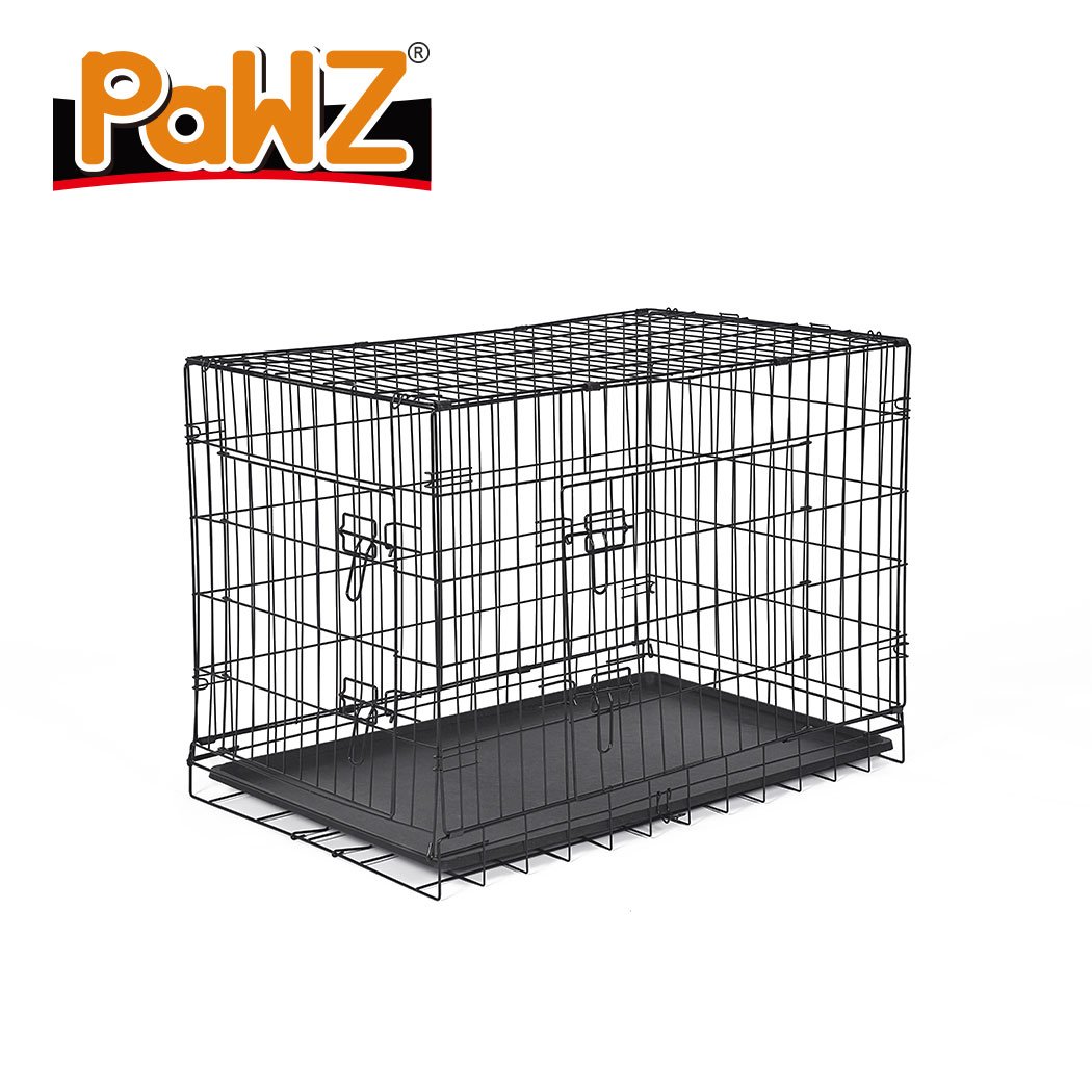 PaWz Pet Dog Cage Crate Kennel in black, showcasing its foldable design and double door access, perfect for pet safety and comfort.