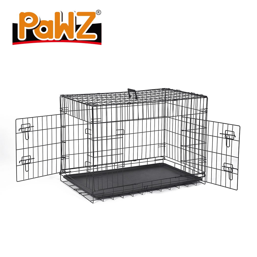 PaWz Pet Dog Cage Crate Kennel in black, showcasing its foldable design and double door access, perfect for pet safety and comfort.