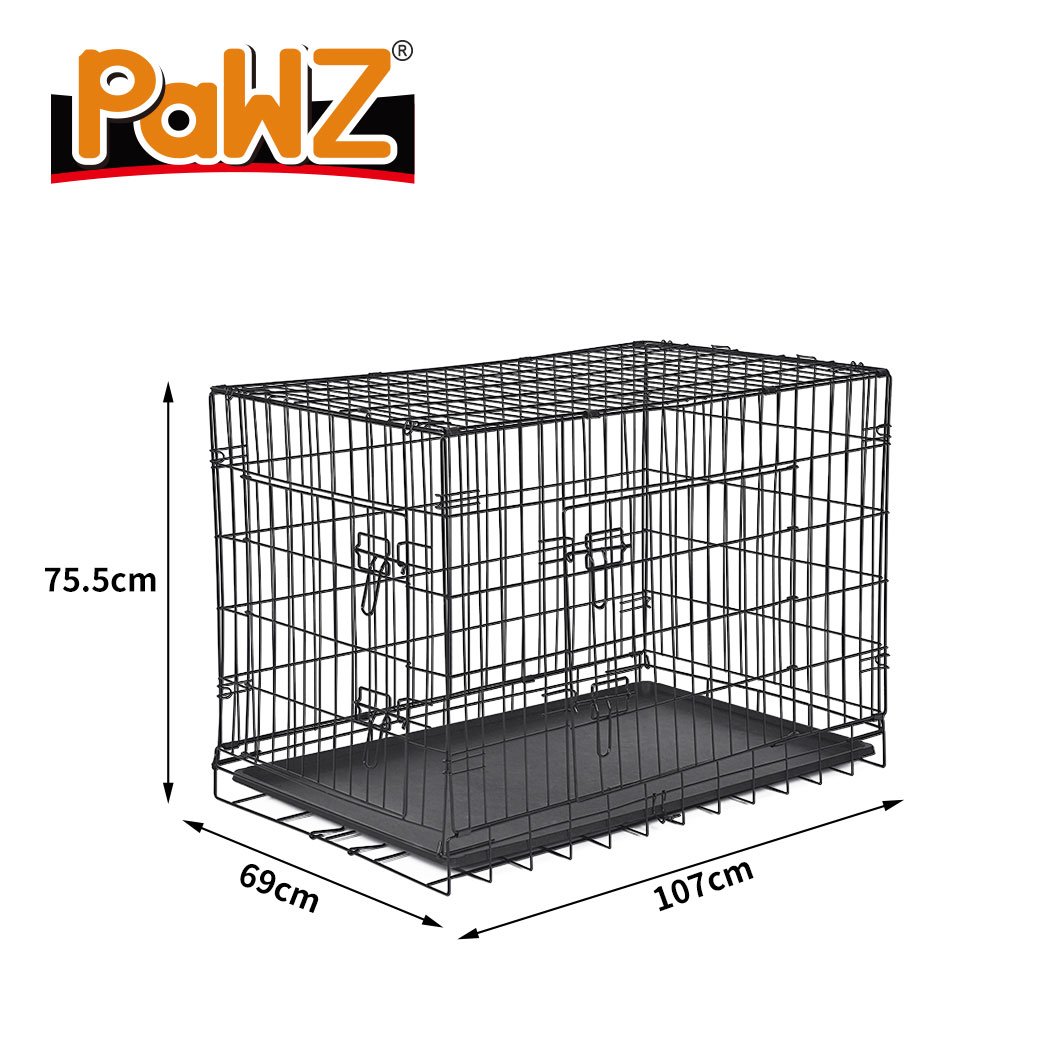 PaWz Pet Dog Cage Crate Kennel in black, showcasing its foldable design and double door access, perfect for pet safety and comfort.