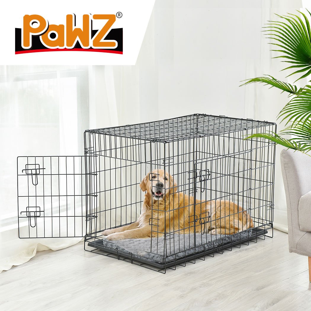 PaWz Pet Dog Cage Crate Kennel in black, showcasing its foldable design and double door access, perfect for pet safety and comfort.