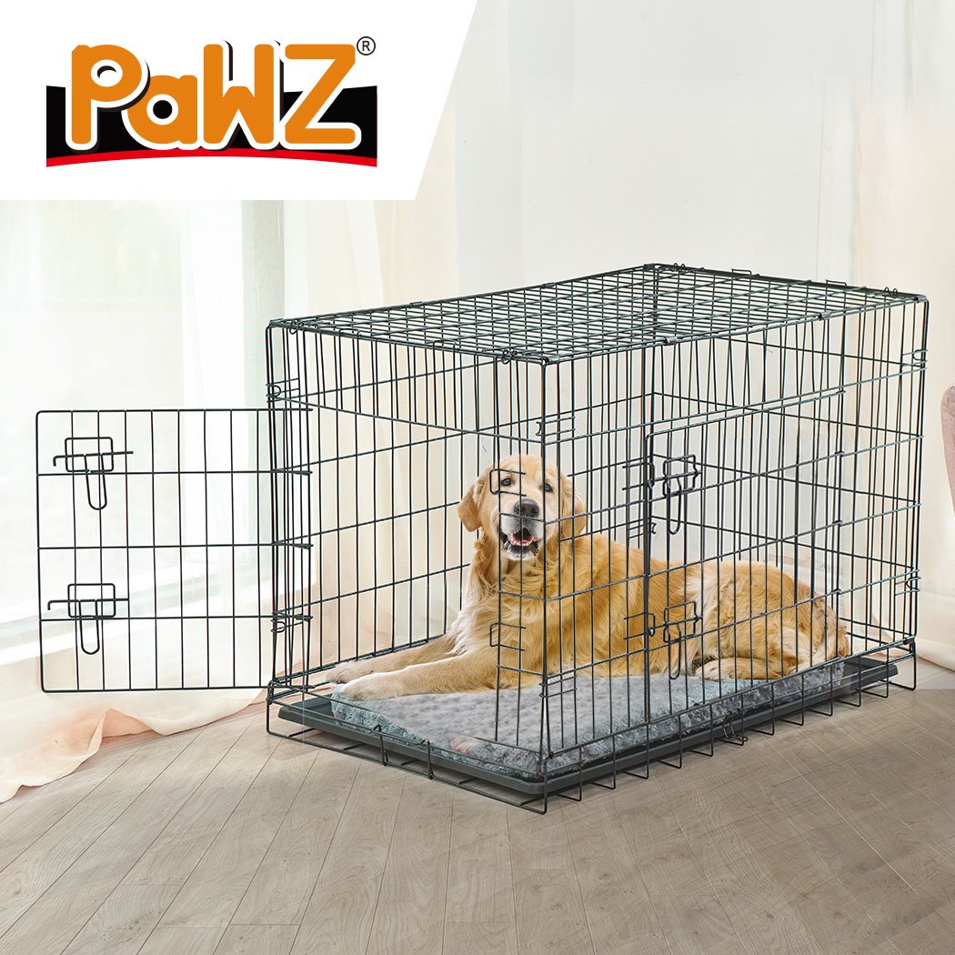 PaWz Pet Dog Cage Crate Kennel in black, showcasing its foldable design and double door access, perfect for pet safety and comfort.
