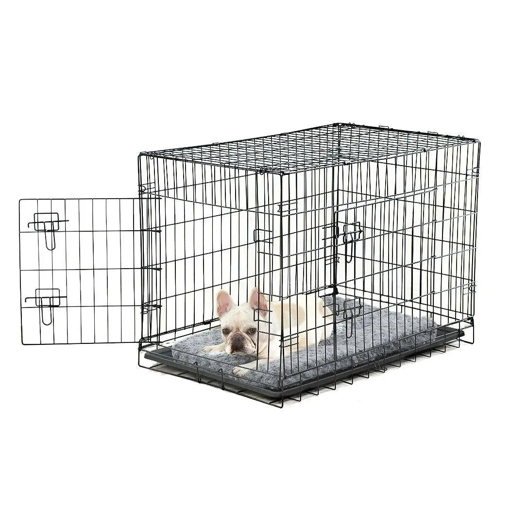 PaWz Pet Dog Cage Crate in black with plush bed, showcasing its foldable design and double door access.