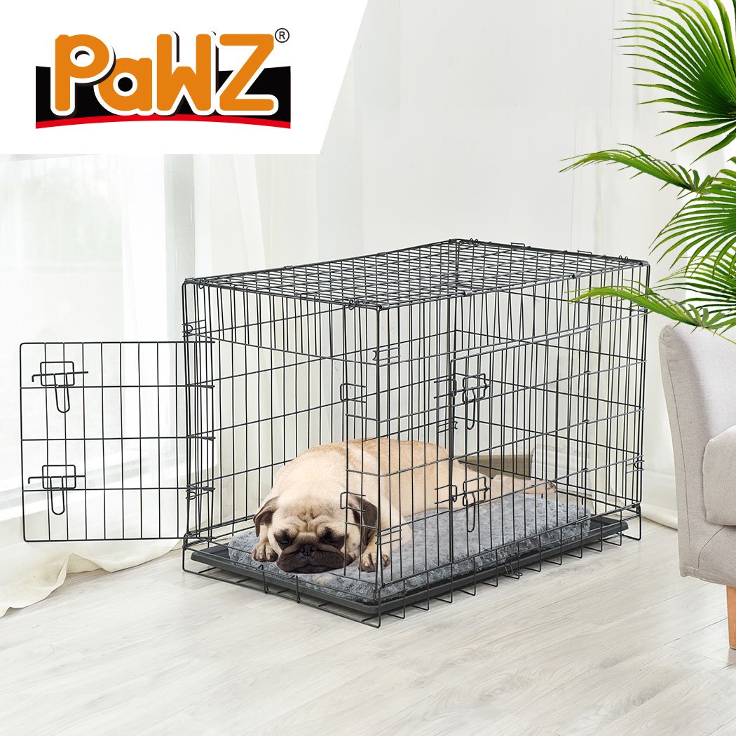 PaWz Pet Dog Cage Crate, a portable metal kennel with a plush bed, designed for safety and comfort for pets.
