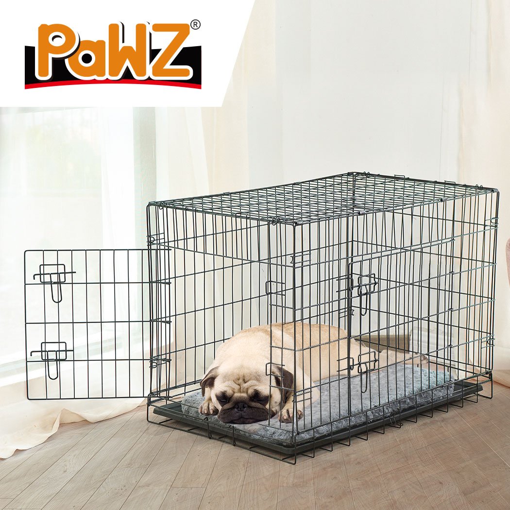 PaWz Pet Dog Cage Crate, a portable metal kennel with a plush bed, designed for safety and comfort for pets.