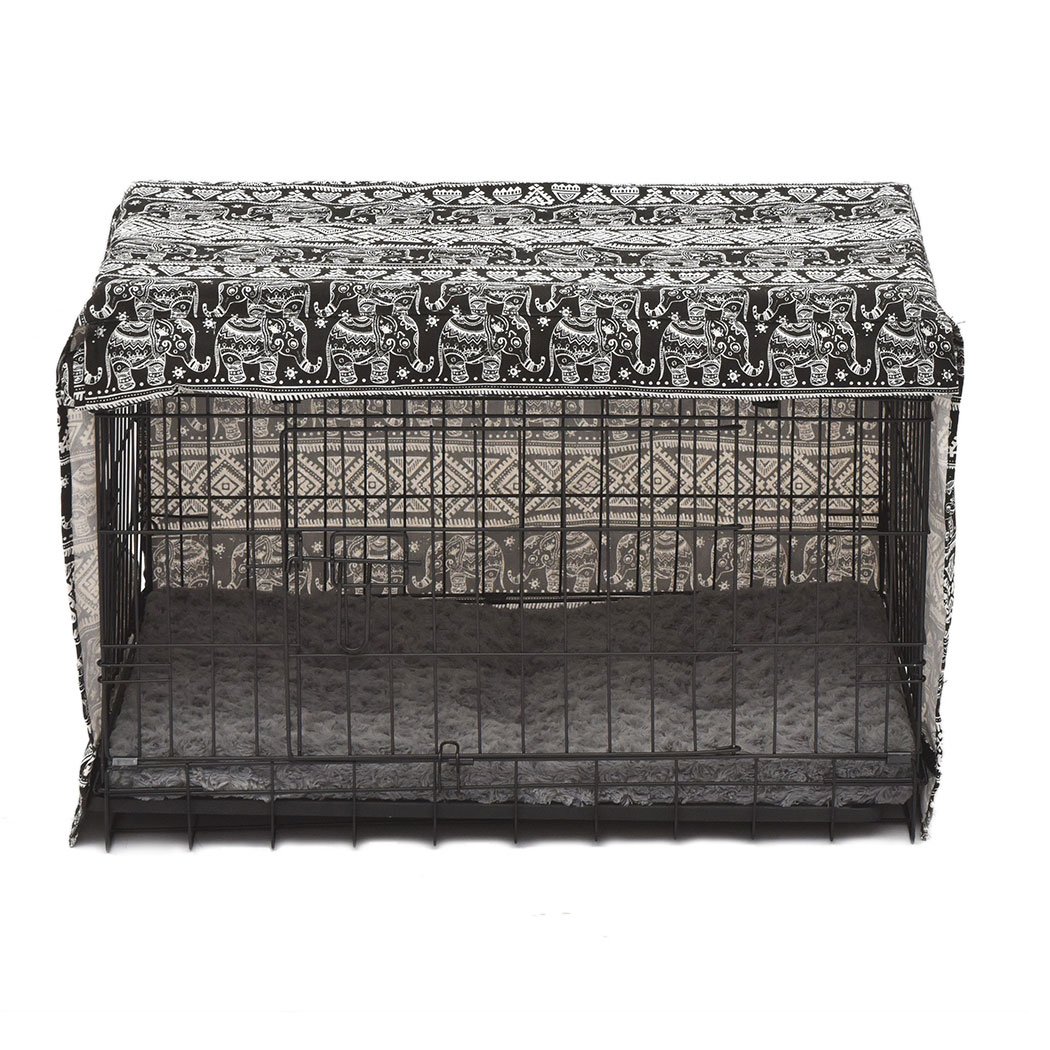 PaWz Pet Dog Cage Crate in black with plush bed cover, showcasing its foldable design and double door access.