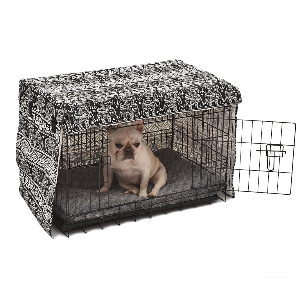 PaWz Pet Dog Cage Crate in black with plush bed cover, showcasing its foldable design and double door access.