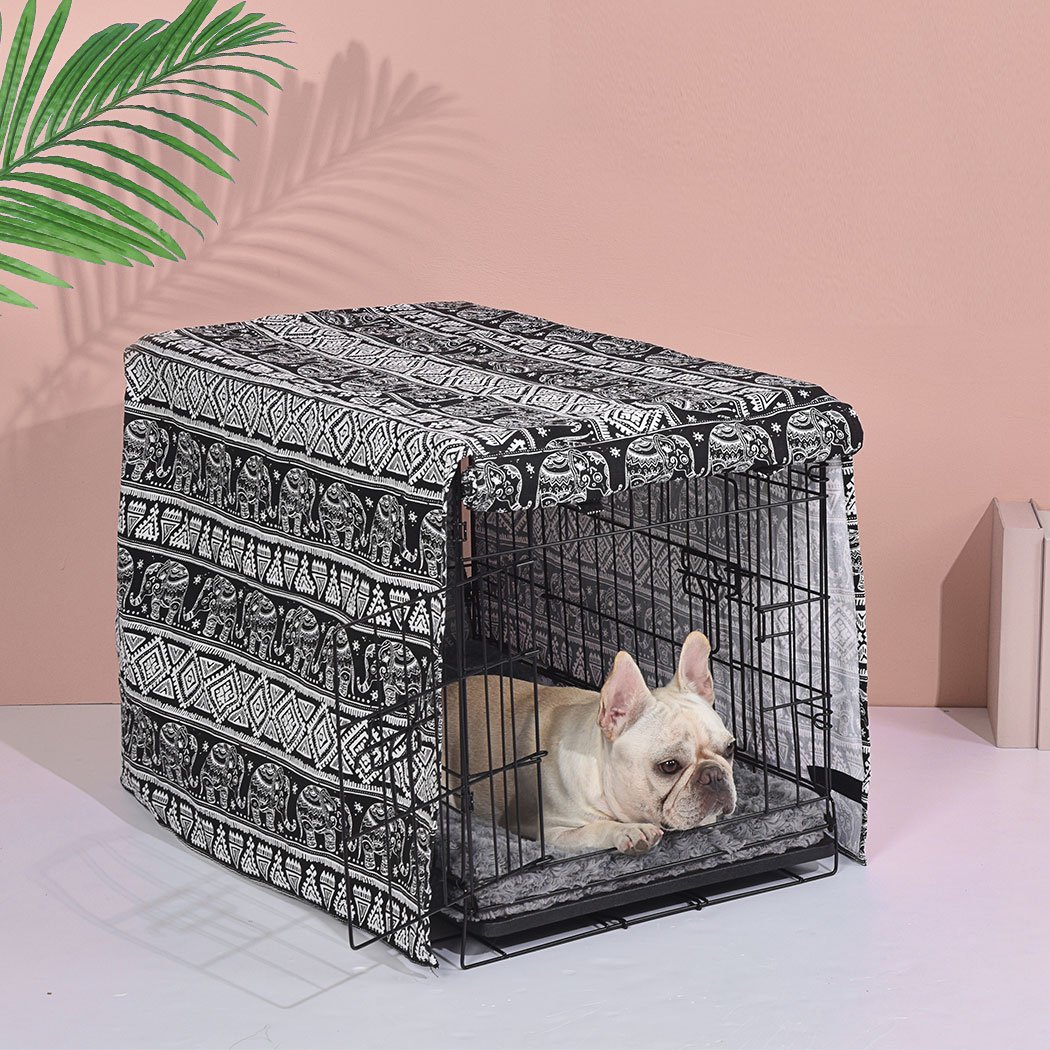 PaWz Pet Dog Cage Crate in black with plush bed cover, showcasing its foldable design and double door access.