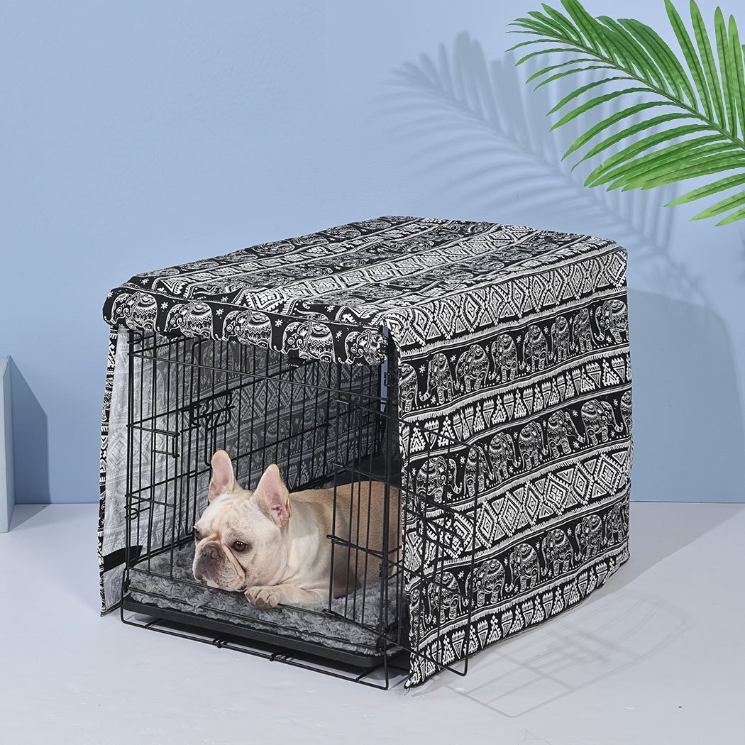 PaWz Pet Dog Cage Crate in black with plush bed cover, showcasing its foldable design and double door access.