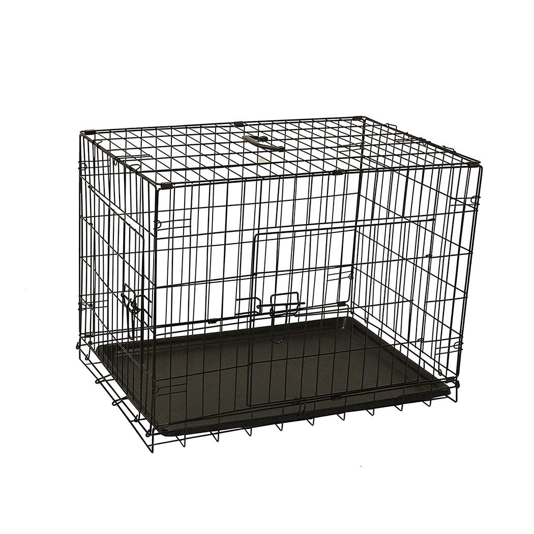 PaWz Pet Dog Cage Crate Metal Carrier in black, featuring a foldable design, double doors, and a plush pet bed inside.