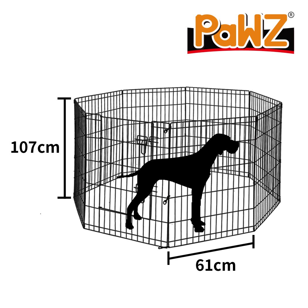 PaWz Pet Dog Playpen featuring 8 black panels, designed for pet safety and comfort, with a wide access door and durable steel construction.