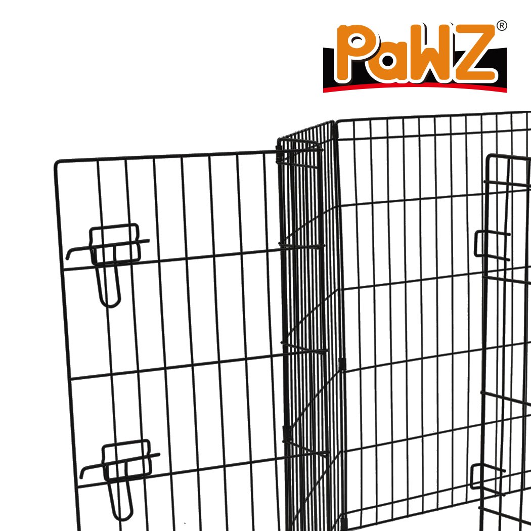 PaWz Pet Dog Playpen featuring 8 black panels, designed for pet safety and comfort, with a wide access door and durable steel construction.