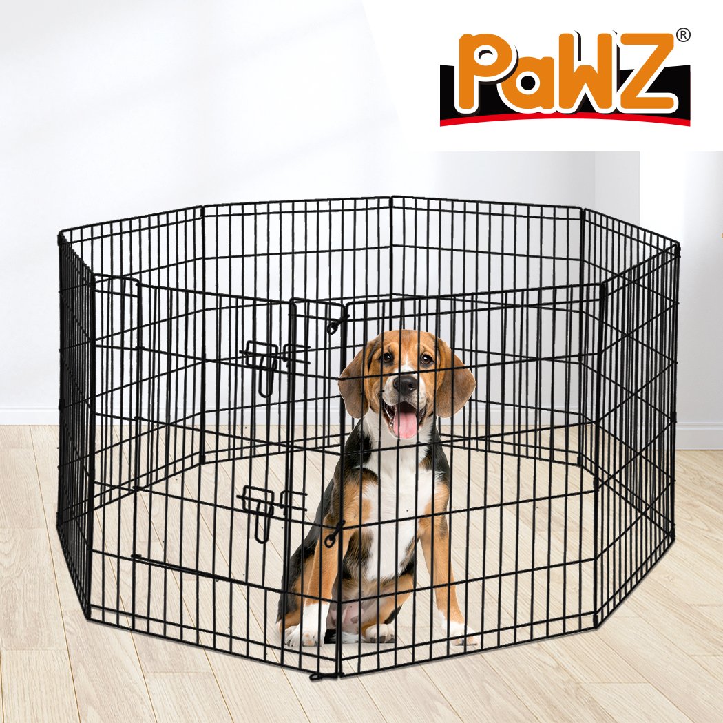 PaWz Pet Dog Playpen featuring 8 black panels, designed for pet safety and comfort, with a wide access door and durable steel construction.