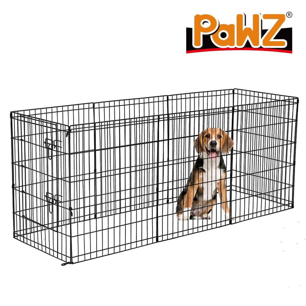 PaWz Pet Dog Playpen featuring 8 panels in black, designed for pet safety and comfort with a wide access door.