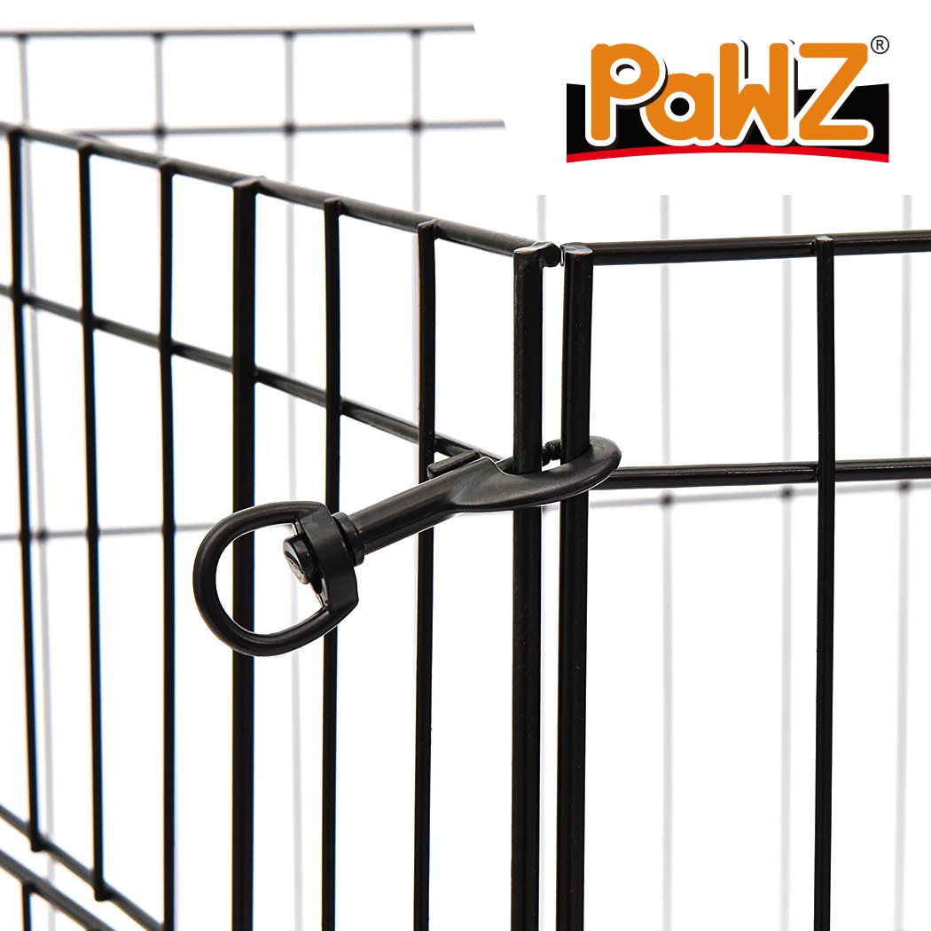 PaWz Pet Dog Playpen featuring 8 panels in black, designed for pet safety and comfort with a wide access door.
