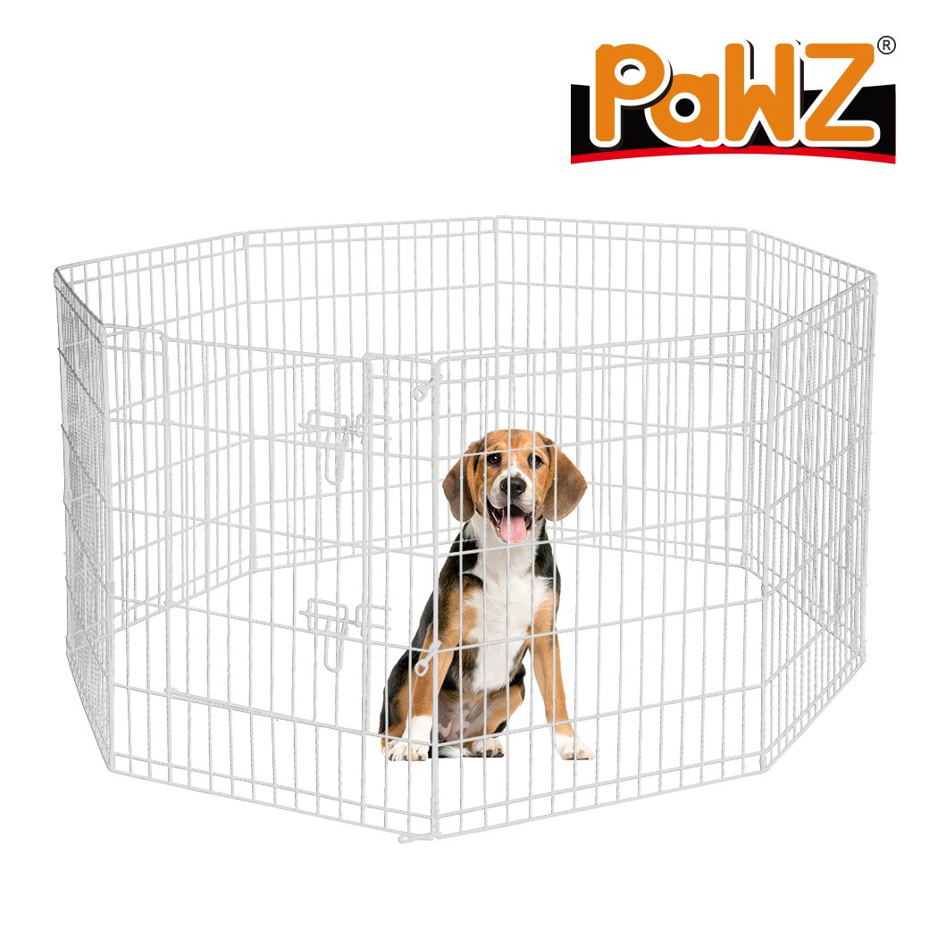 PaWz Pet Dog Playpen featuring 8 panels in silver, designed for pet safety and comfort, with a wide access door and durable steel construction.