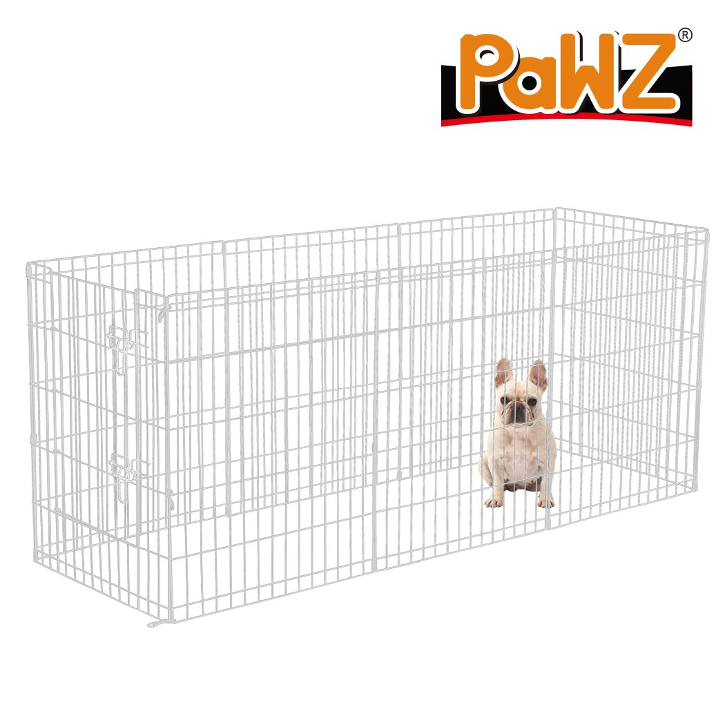 PaWz Pet Dog Playpen featuring 8 panels in silver, designed for pet safety and comfort, with a wide access door and durable steel construction.