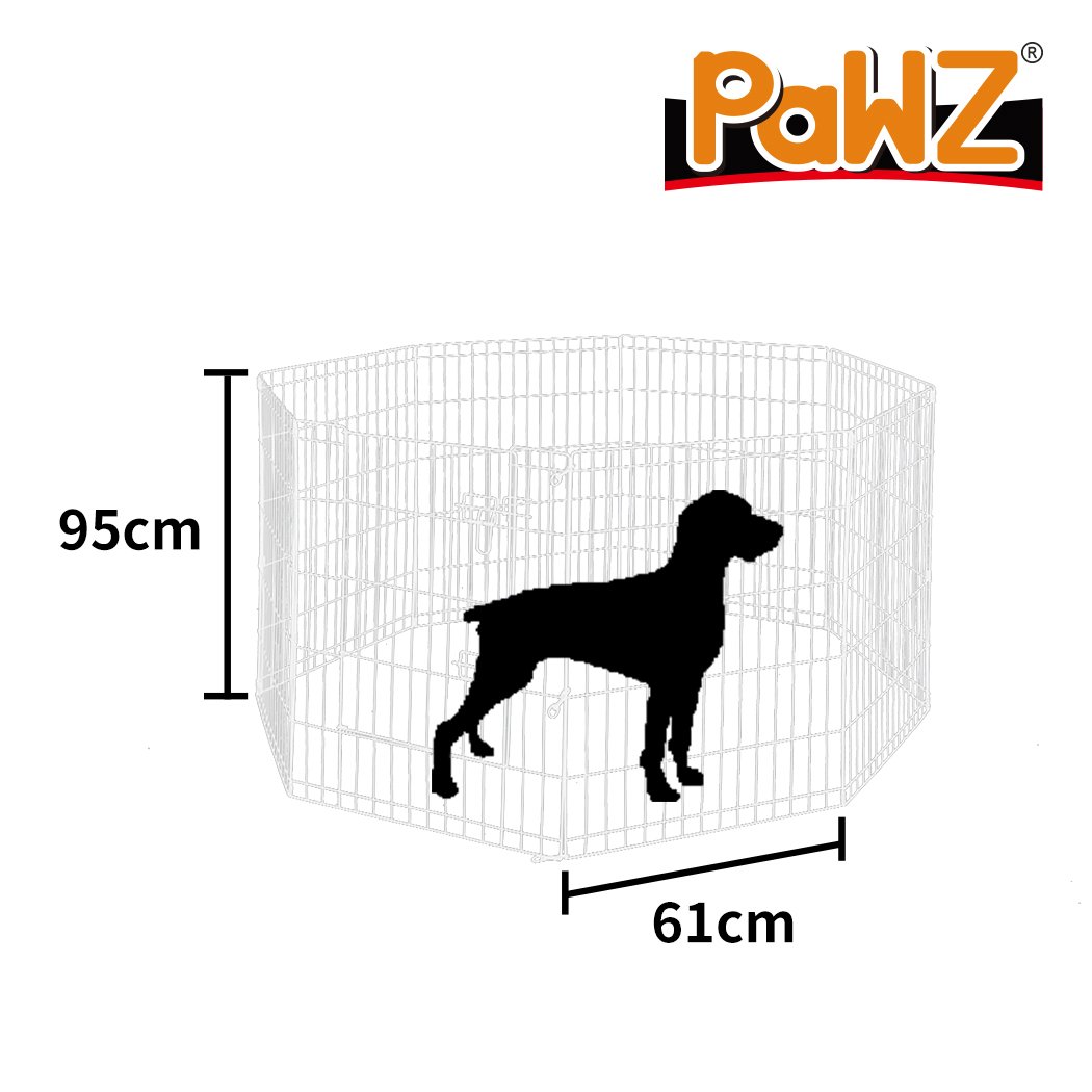 PaWz Pet Dog Playpen featuring 8 panels in silver, designed for pet safety and comfort, with a wide access door and durable steel construction.