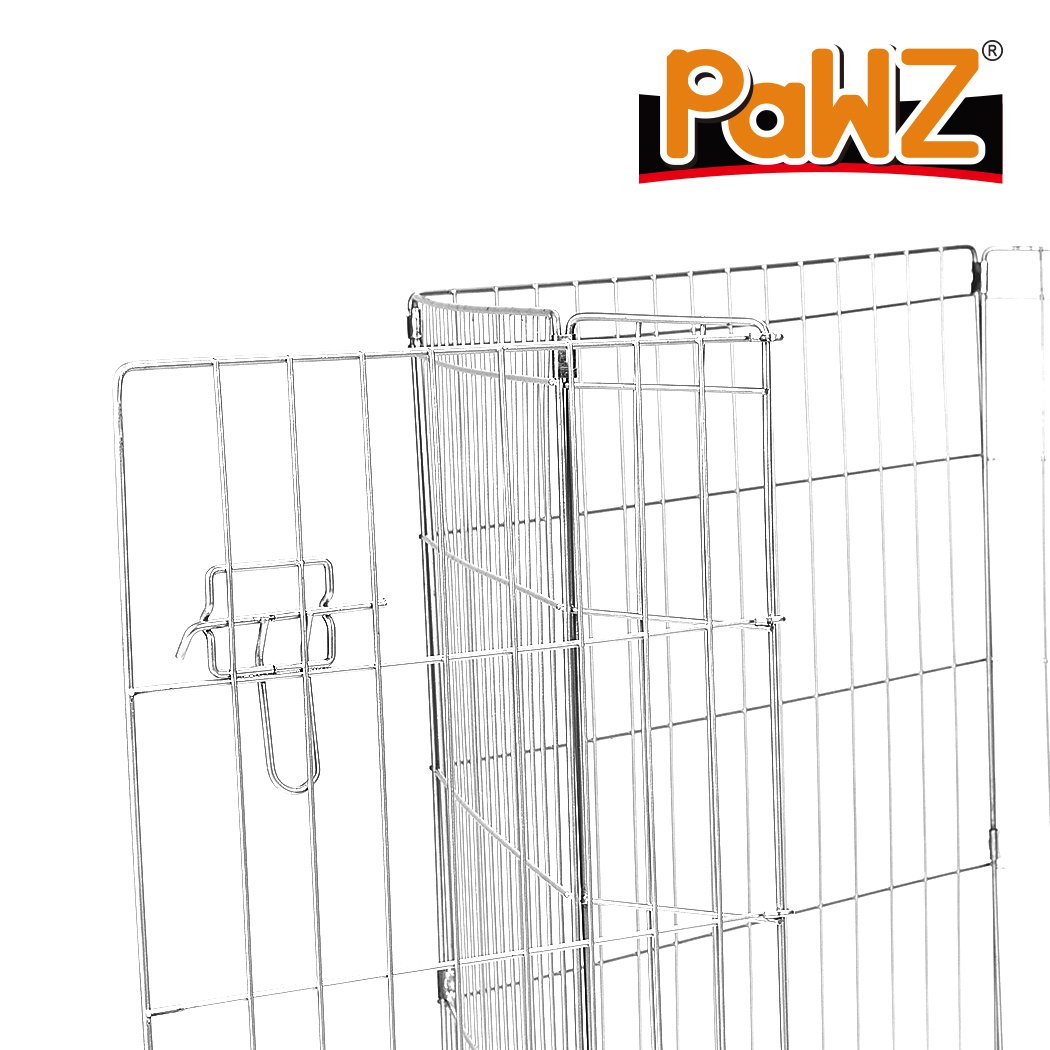 PaWz Pet Dog Playpen featuring 8 panels in silver, designed for pet safety and comfort, with a wide access door and durable steel construction.