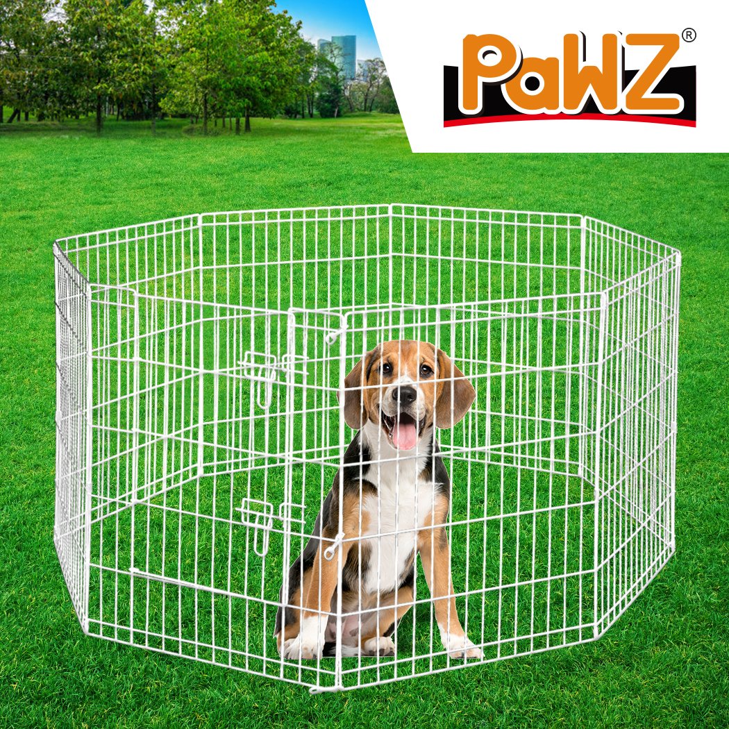 PaWz Pet Dog Playpen featuring 8 panels in silver, designed for pet safety and comfort, with a wide access door and durable steel construction.