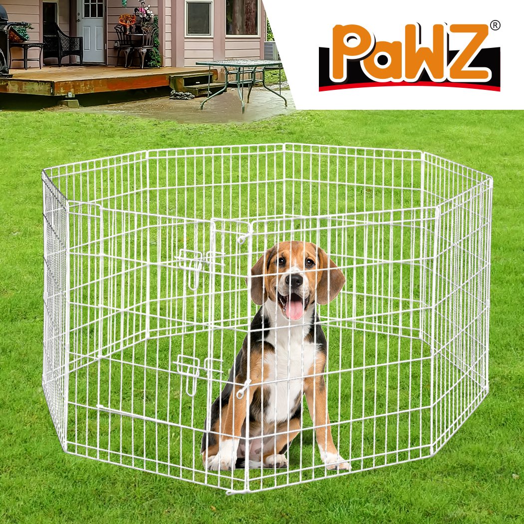 PaWz Pet Dog Playpen featuring 8 panels in silver, designed for pet safety and comfort, with a wide access door and durable steel construction.
