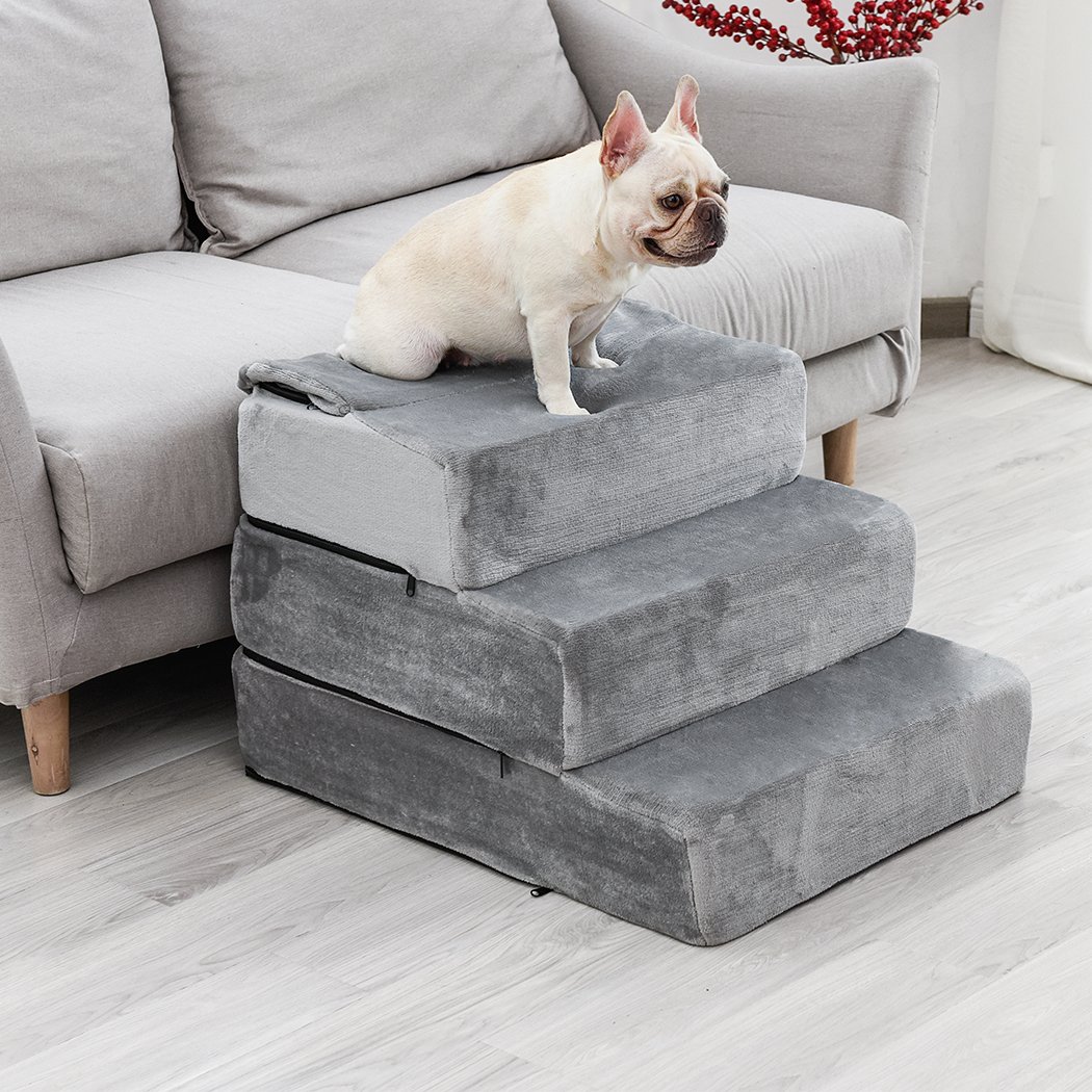 PaWz Pet Stair 3 Step Ramp in grey, featuring soft high-density foam and anti-slip bottom for pet safety and comfort.