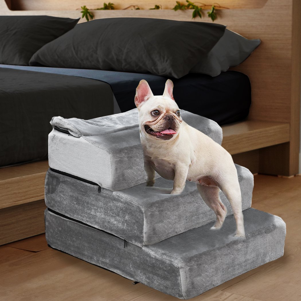 PaWz Pet Stair 3 Step Ramp in grey, featuring soft high-density foam and anti-slip bottom for pet safety and comfort.