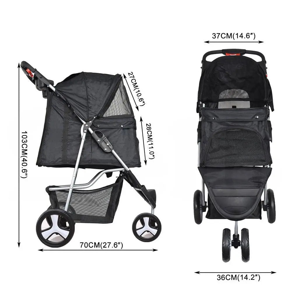 PaWz Pet Stroller featuring three wheels, waterproof Oxford cloth, and a cozy interior for dogs and cats.