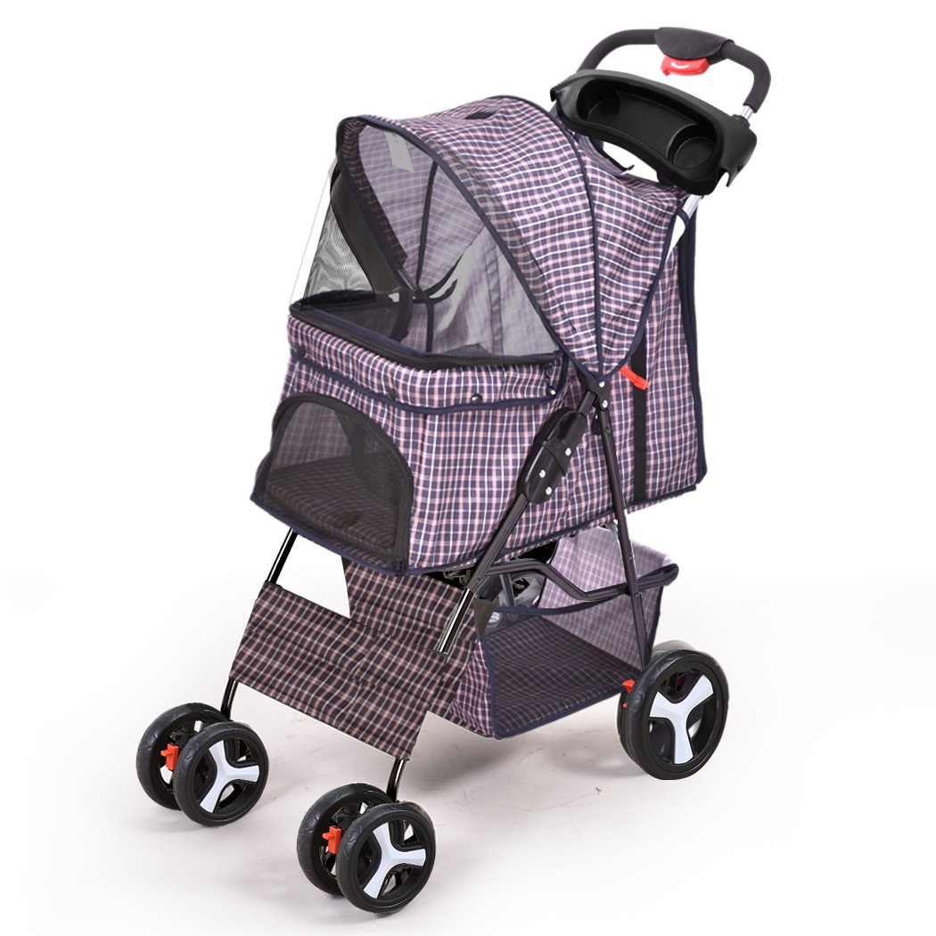 PaWz Pet Stroller featuring a plaid design, waterproof Oxford cloth, and 360° rotatable front wheels, ideal for dogs and cats.