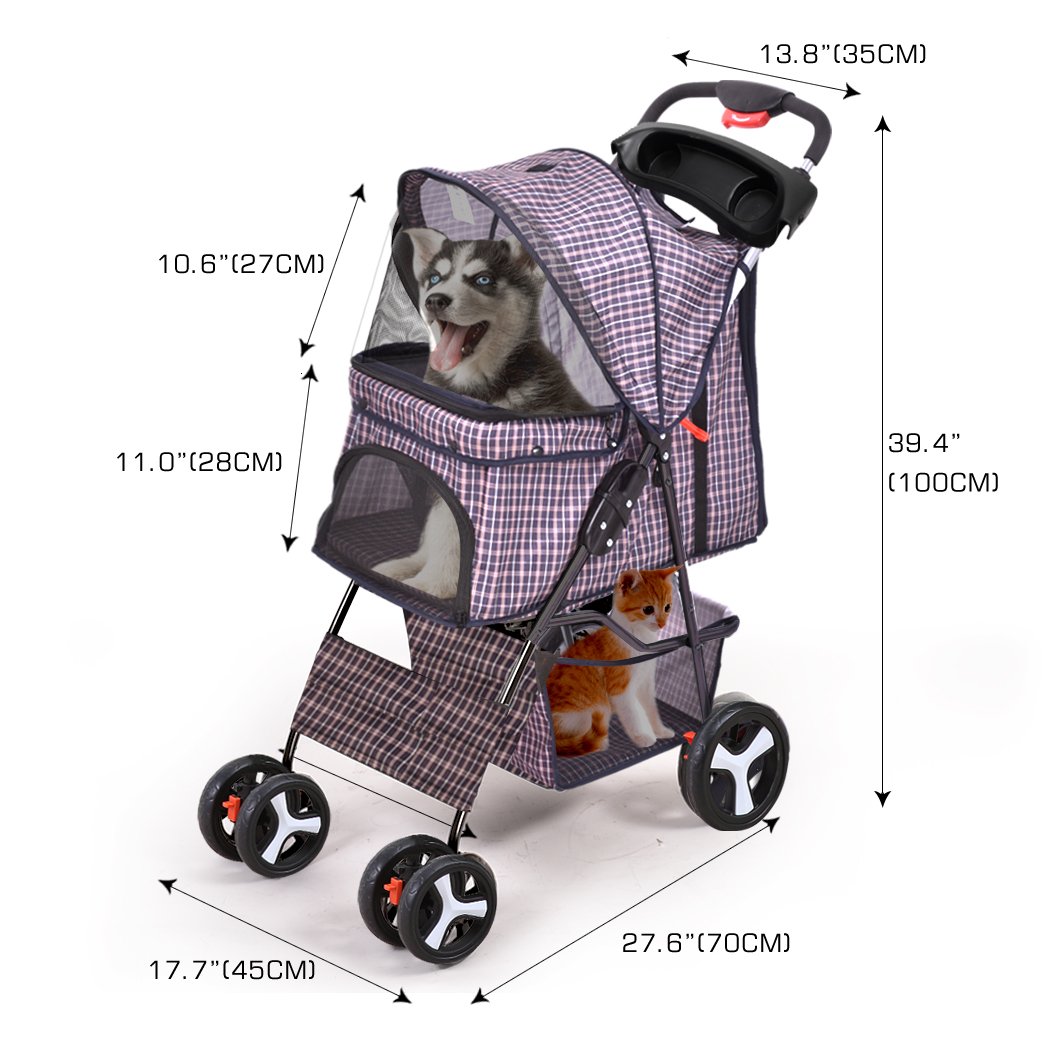 PaWz Pet Stroller featuring a plaid design, waterproof Oxford cloth, and 360° rotatable front wheels, ideal for dogs and cats.
