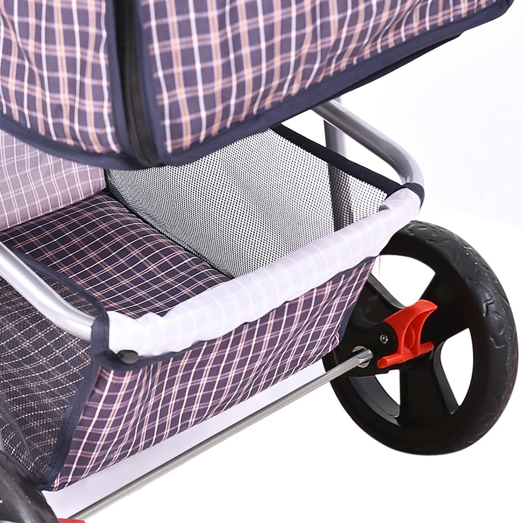 PaWz Pet Stroller featuring a plaid design, waterproof Oxford cloth, and 360° rotatable front wheels, ideal for dogs and cats.