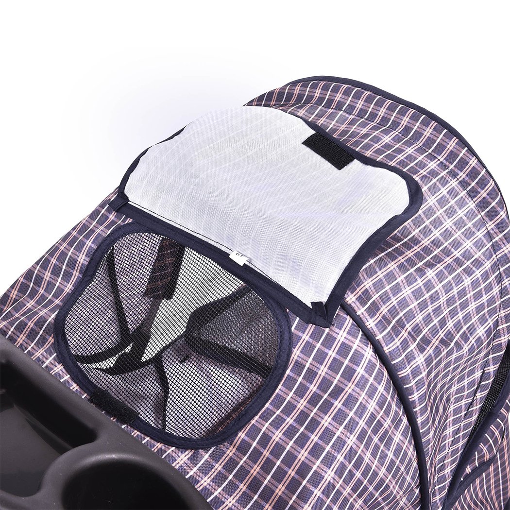 PaWz Pet Stroller featuring a plaid design, waterproof Oxford cloth, and 360° rotatable front wheels, ideal for dogs and cats.