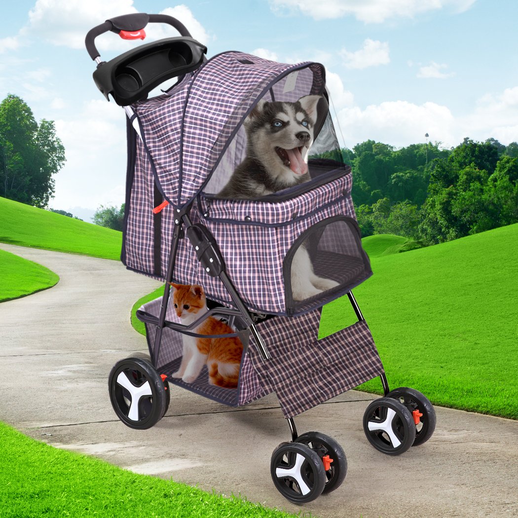 PaWz Pet Stroller featuring a plaid design, waterproof Oxford cloth, and 360° rotatable front wheels, ideal for dogs and cats.