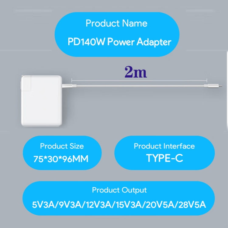 PD3.1 140W USB-C PD Laptop Power Adapter with 2m USB-C to USB-C cable, designed for fast charging of laptops and tablets.