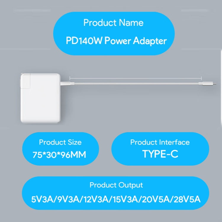PD3.1 140W USB-C PD Laptop Power Adapter designed for Apple M1/M2 MacBook, featuring a sleek design and multiple fast charging protocols.