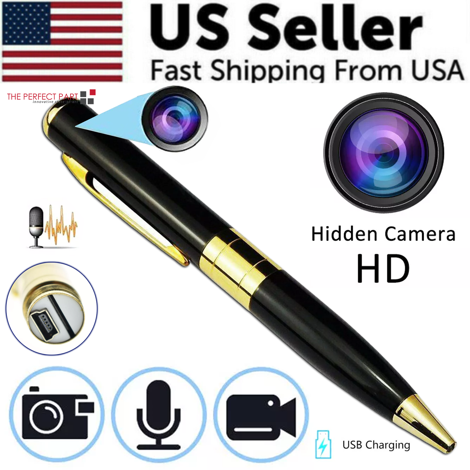 Pen Camera Cam Mini, a discreet audio video recorder designed like a regular pen, featuring a sleek black and gold design.