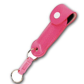 Pepper Shot 0.5 oz pepper spray with pink leatherette holder, featuring a built-in belt clip for easy carrying.