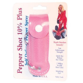 Pepper Shot 0.5 oz pepper spray with pink leatherette holder, featuring a built-in belt clip for easy carrying.