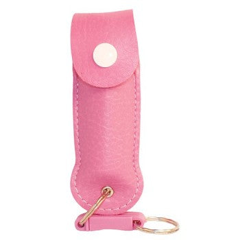 Pepper Shot 0.5 oz pepper spray with pink leatherette holder, featuring a built-in belt clip for easy carrying.