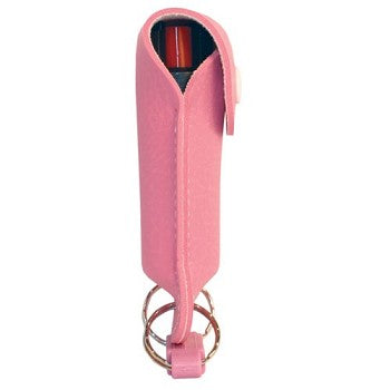 Pepper Shot 0.5 oz pepper spray with pink leatherette holder, featuring a built-in belt clip for easy carrying.