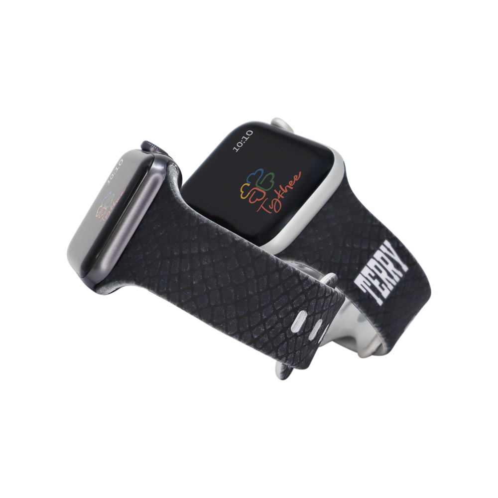 Personalized geometric design silicone bands for Apple Watch in various colors and sizes, showcasing adjustable features and unique patterns.