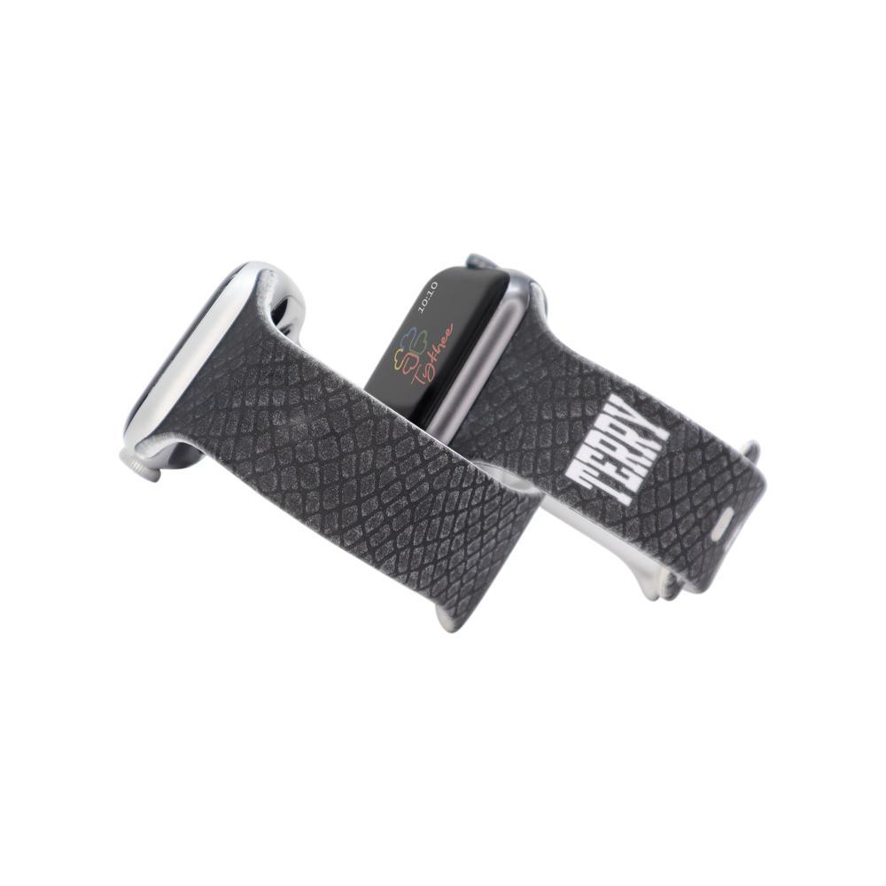 Personalized geometric design silicone bands for Apple Watch in various colors and sizes, showcasing adjustable features and unique patterns.