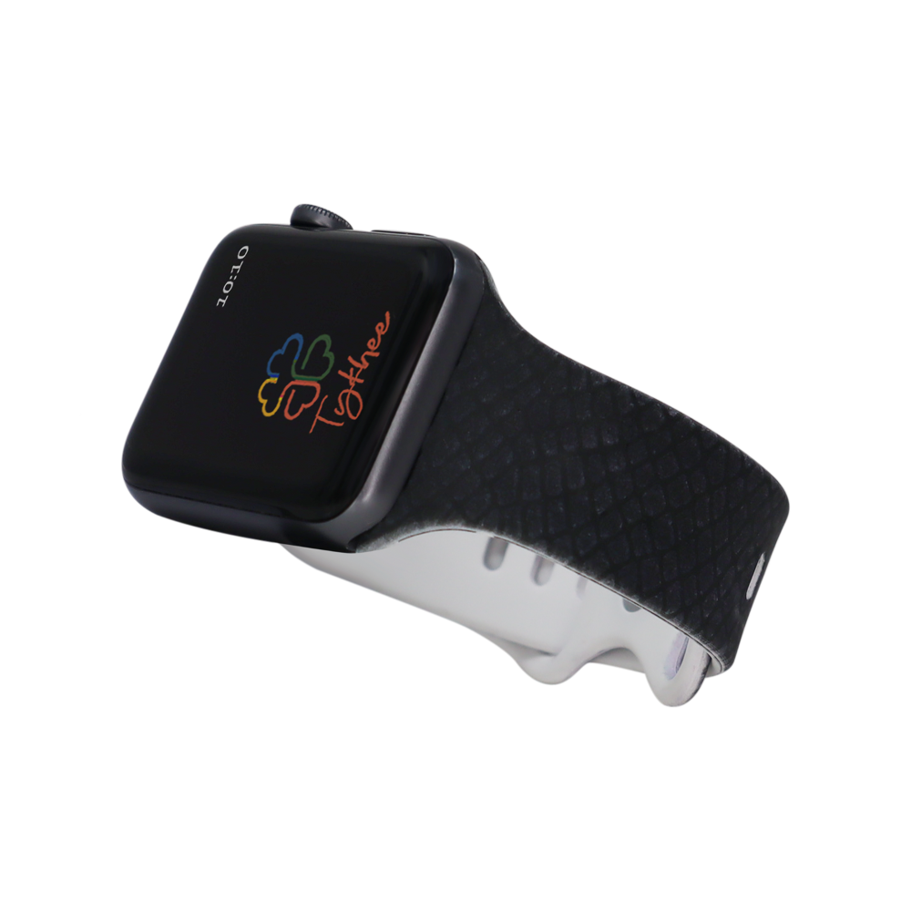 Personalized geometric design silicone bands for Apple Watch in various colors and sizes, showcasing adjustable features and unique patterns.