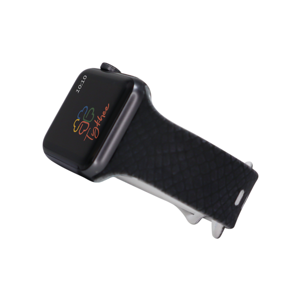 Personalized geometric design silicone bands for Apple Watch in various colors and sizes, showcasing adjustable features and unique patterns.